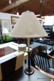 (R2) TABLE LAMP; BROWN METALLIC CANDLESTICK BASE WITH PLEATED SHADE. STANDS 27 IN TALL AND IS 15 IN