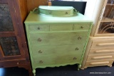 (R3) GREEN PAINTED CHEST OF DRAWERS WITH DEMILUNE TOP SHELF; GALLERY ON EACH SIDE OF ELEVATED TOP