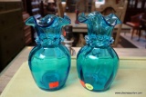 (R2) PAIR OF BLUE GLASS VASES; RUFFLED NECK WITH BANDED TRIM AROUND NECK OF VASE. OPALESCENT BLUE