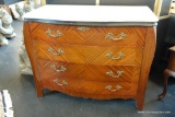(R3) PINK MARBLE TOP MAHOGANY DESK; INLAY PATTERNED DRAWER FRONTS, ALL ORIGINAL HARDWARE. CUSTOM-CUT