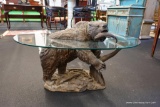 (R3) OVAL GLASS TOP BEAR TABLE; INCREDIBLY UNIQUE TABLE WITH IMPECCABLE DETAIL, THIS RESIN BEAR
