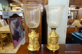 (R3) PAIR OF ELEGANT GOLD PAINTED CANDLE HOLDER LAMPS WITH TEXTURED GLASS GLOBES; BRING A TOUCH OF