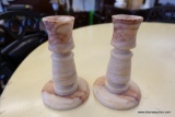(R3) PINK MARBLE CANDLESTICK HOLDERS; BEAUTIFUL PIECES TO HOLD LONG TAPER CANDLES WITH ROUND BASES