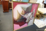 (R2) LARGE SQUARE FRAMED PAINTING; ABSTRACT OIL ON CANVAS IN HUES OF PINKS, REDS, AND A BIT OF