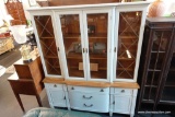 (R3) FRENCH BLUE CHINA HUTCH AND BUFFET; 2 STACKING PIECES, 4 FRONT DOORS (2 WITH METAL GRID