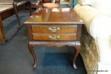 (WIN) HAMMARY QUEEN ANNE END TABLE; 2 DRAWER, SOLID CHERRY TABLES WITH A BRASS BATWING PULL PER