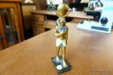 (R3) EGYPTIAN FIGURINE DEPICTING RA, THE GOD OF THE SUN STANDING ON A BLACK BASE; GOLD PAINTED AND