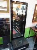 (R4) GLOSSY MODERN BLACK LACQUER FREE STANDING MIRROR ATOP A SINGLE DRAWER STORAGE COMPARTMENT;
