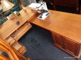 (R4) OAK L-SHAPED DESK; LARGE AND PROFESSIONAL DESK SURE TO IMPRESS AT YOUR BUSINESS OR HOME OFFICE.