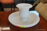 (WIN) WHITE ALABASTER CANDLE HOLDER; ORNATELY CARVED HOLDER WITH ROUND BASE, 3 NOTCHES IN LIP OF