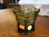 (R4) VINTAGE VASELINE GREEN DEPRESSION GLASS PIECE WITH SCALLOPED EDGES; HAS FEDERAL EAGLE AND TORCH