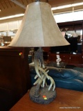 (R4) PAIR OF ANTLER BASE LAMPS; CARVED RESIN ANTLERS FORM POST AND BASE OF LAMP AS WELL AS MATCHING