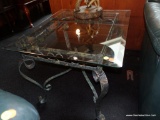 (R4) GLASS TOP END TABLE; BEVELED GLASS TOP SURFACE WITH GREEN WEATHERED WROUGHT IRON SCROLLING