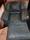 (R4) GREEN LEATHERCRAFT OVERSIZED CHAIR AND OTTOMAN SET; OVERSTUFFED ATTACHED PILLOW BACK STYLE,
