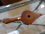 (R4) VINTAGE WOOD AND LEATHER BILLOWS; SPADE SHAPED WOODEN BODY WITH CARVED GRASS PATTERN AND