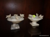 (R4) PAIR OF WHITE ALABASTER PEDESTAL DISHES WITH BIRDS; EACH MEASURES 4 IN DIAMETER AND 3 IN TALL.