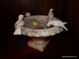 (R4) WHITE ALABASTER PEDESTAL BIRD BATH; LARGE BOWL WITH CARVED EDGES AND ORNATE BIRD MOUNTED AROUND