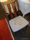 (R5) NEEDLEPOINT SEAT SIDE CHAIR; FINISHED BY WHETSTONE UPHOLSTERY HERE IN RICHMOND, THIS OAK CHAIR
