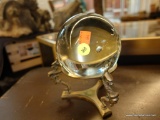 (R5) CRYSTAL BALL ON BRASS STAND; 3 LEGGED PEDESTAL STAND WITH DRAGON DESIGN AND CLEAR CRYSTAL ORB