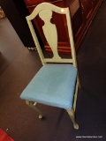 (R5) GREEN PAINTED WOODEN CHAIR WITH UPHOLSTERED TEAL SEAT; FIDDLEBACK STYLE CHAIR WITH QUEEN ANNE