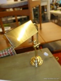 (R5) MINI BRASS FINISH DESK LAMP; BANKER'S STYLE WITH ADJUSTABLE GOOSENECK POST, MEASURES 6.5 IN