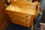 (R5) VINTAGE PINE WASHSTAND WITH 3 DRAWERS AND SIDE HANDLES; 3 DOVETAILED DRAWERS, A TOWEL BAR