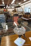 (R5) VINTAGE CLEAR GLASS LAMP WITH SQUARE MILK GLASS BASE; INCLUDES HARP BUT NO SHADE OR FINIAL...