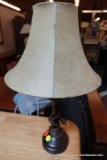 (R5) PETITE TABLE LAMP; BROWN METAL POST AND BASE, STANDS 17 IN TALL, TANNED LEATHER LIKE BELL