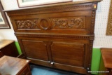 (R5) ORNATELY CARVED QUEEN SIZED BED FRAME; INCLUDES HEADBOARD, FOOTBOARD, AND RAILS. SQUARED TOP