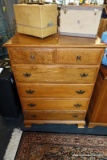 (R5) MID CENTURY MAPLE SUMTER FURNITURE COMPANY CHEST OF DRAWERS; 2 HALF DRAWERS WITH LION HEAD