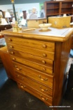 (R5) MID CENTURY MODERN OAK CHEST OF DRAWERS BY LEA FURNITURE; WOODEN DETAILED DRAWER PULLS ON 5