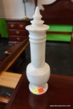 (R1) WHITE MARBLE BOTTLE/JAR WITH LID; GROOVED SIDES, WIDENS AT BOTTOM TO SIT ON ROUND BASE. TOTAL