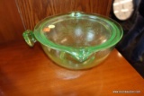 (R5) VINTAGE GREEN DEPRESSION GLASS MIXING BOWL; 2 SPOUTS AND SINGLE HANDLES, ALSO COMES WITH LID