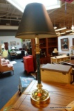 (R5) DARK GREEN TABLE LAMP; ELEGANT MARBLED POST WITH GOLD TONED BASE AND LEATHER LIKE GREEN PLASTIC