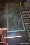 (R6) GLASS TOP WROUGHT IRON BASE COFFEE TABLE; SCROLLING LEGS, STRETCHER BASE, IN A LOVELY WEATHERED