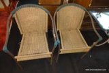 (R5)SET OF WICKER ARM CHAIRS WITH METAL FRAMES; SEATS ARE A NATURAL AND GREEN WICKER, FRAMES HAVE A