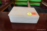 (R1) WHITE ALABASTER RECTANGULAR LIDDED BOX; MEASURES 7 IN X 4 IN X 2 IN.