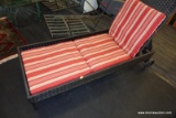 (R6) BROWN MARTHA STEWART LIVING LOUNGE CHAIR; ADJUSTABLE BACK, RED AND TAN STRIPED CUSHION IN