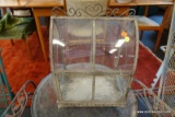 (R5) VINTAGE MINIATURE TERRARIUM WITH GLASS PANEL SIDES AND WROUGHT IRON FRAME; SIDE LATCHING DOOR