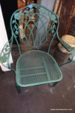 (R6) GREEN WROUGHT IRON ARM CHAIR; LATTICE SEAT AND BACK WITH FLOWER/LEAF PATTERN ON ARMS AND BACK