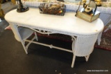 (R5) UNUSUAL OFF WHITE WICKER AND WOOD LIBRARY/SOFA TABLE; OVAL SHAPED TOP SURFACE, WICKER SIDES