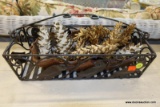 (R5) WROUGHT IRON HANDLED BASKET; RECTANGULAR WITH BIRDS DECORATING THE SIDE, LINED WITH A CARVED