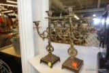 (R6) PAIR OF BRASS CANDELABRAS; EACH HOLDS 3 TAPER CANDLES AND HAS AMAZING DETAIL ON A SQUARE FOOTED
