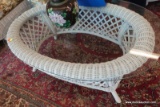 (WIN) BEAUTIFUL WHITE WICKER GLASS TOP COFFEE TABLE; FRONT, BACK AND SIDES OF THIS OVAL TOPPED END