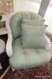 (WIN) PRISTINE WHITE WICKER HENRY LINK CHAIR; SCROLLING ARMS WITH 2 GREEN STRIPED CUSHIONS IN