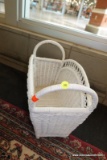 (WIN) WHITE WICKER MAGAZINE BASKET; THIS BESIDE THE COUCH WHITE WICKER MAGAZINE BASKET IS THE