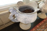 (WIN) ORNATE WHITEWASHED CAST IRON PLANTER; DOUBLE SCROLL HANDLED PATTERNED PLANTER WITH SCALLOPED