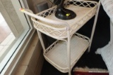 (WIN) WHITE WICKER AND WOOD TEA CART;2 WOVEN TRAYS ON THIS DAINTY TEA CART. IT ROLLS ON 4 WHEELS.