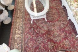 (WIN) PALACE RUG; ORIENTAL STYLE, MAUVE BACKGROUND WITH TAN, DARK BLUE, AND LIGHT GREEN BORDER AND