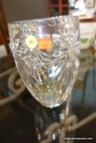 (R5) BRILLIANTLY CUT GLASS VASE; TOP EDGE ROPE PATTERN WITH SIDE DESIGN OF FANS, STANDS ABOUT 10 IN